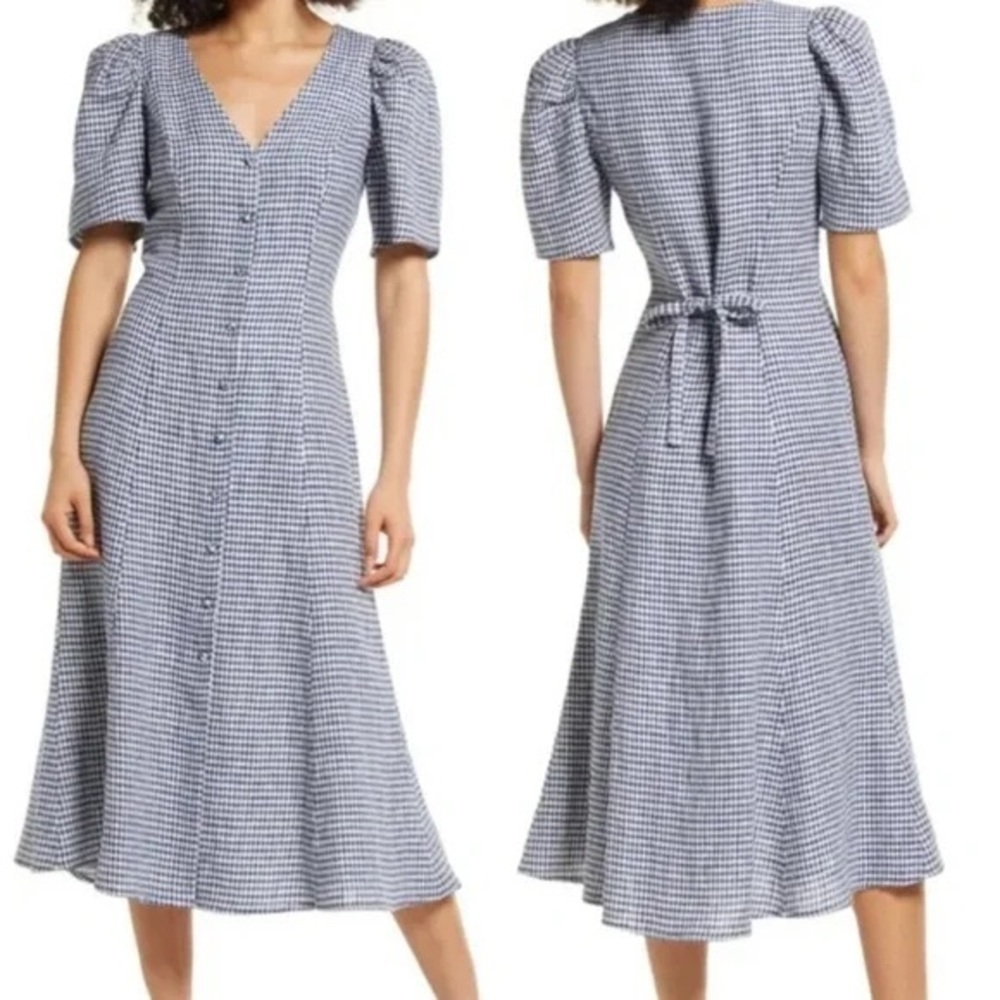 NEW! Sophie Rue- Deep V Puff Sleeve Buttoned Gingham Maxi Dress Size S NWT